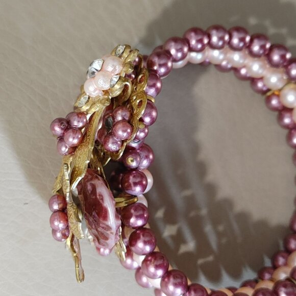 Cuff Beaded Bracelet Vintage Pink Gold Floral Beaded Rhinestones Faux Pearl - Picture 7 of 16